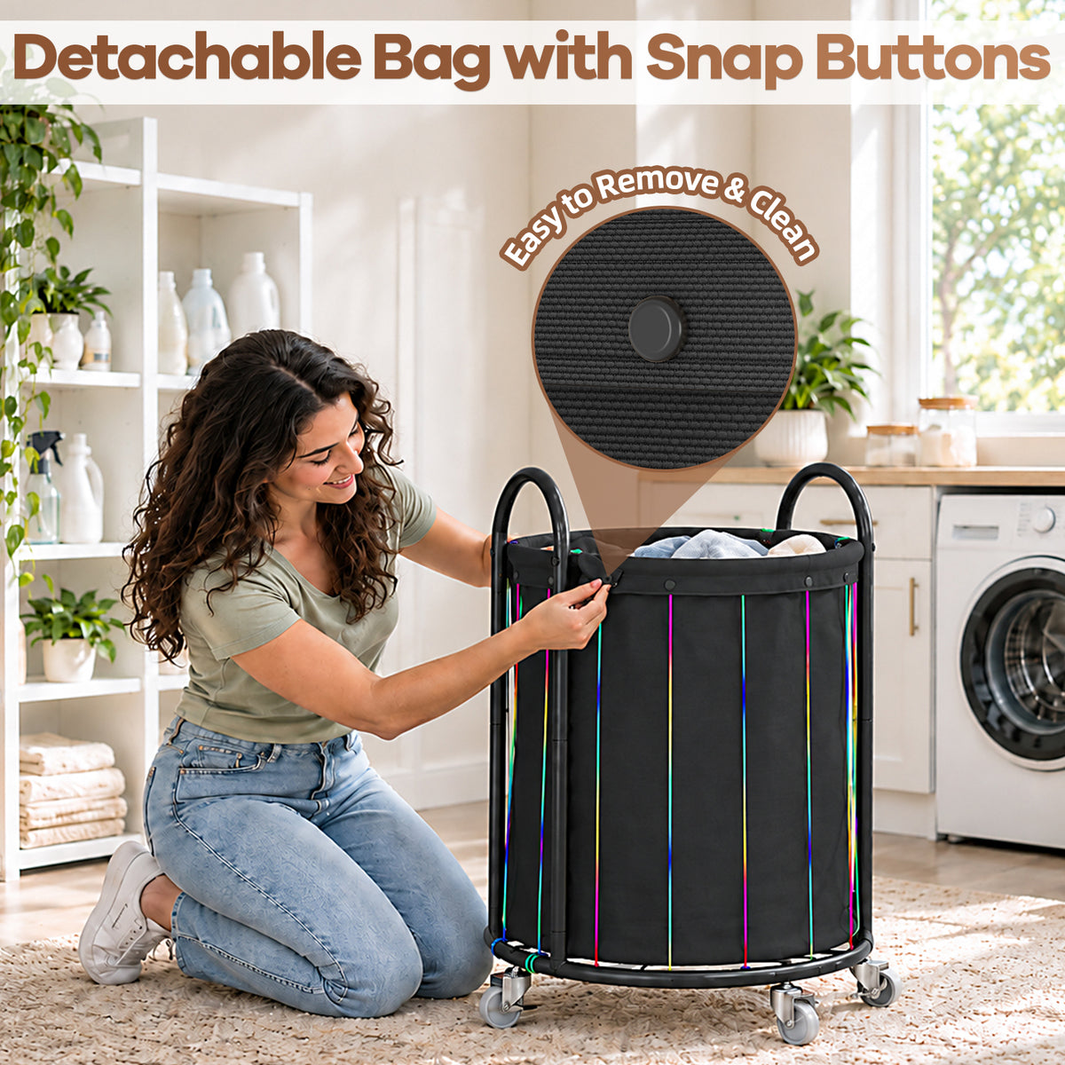 170L Large Round Laundry Hamper with Wheels, Removable Waterproof Liner Bag, Steel Frame Rolling Laundry Cart, Black — VC-KK-400301-BK-DF