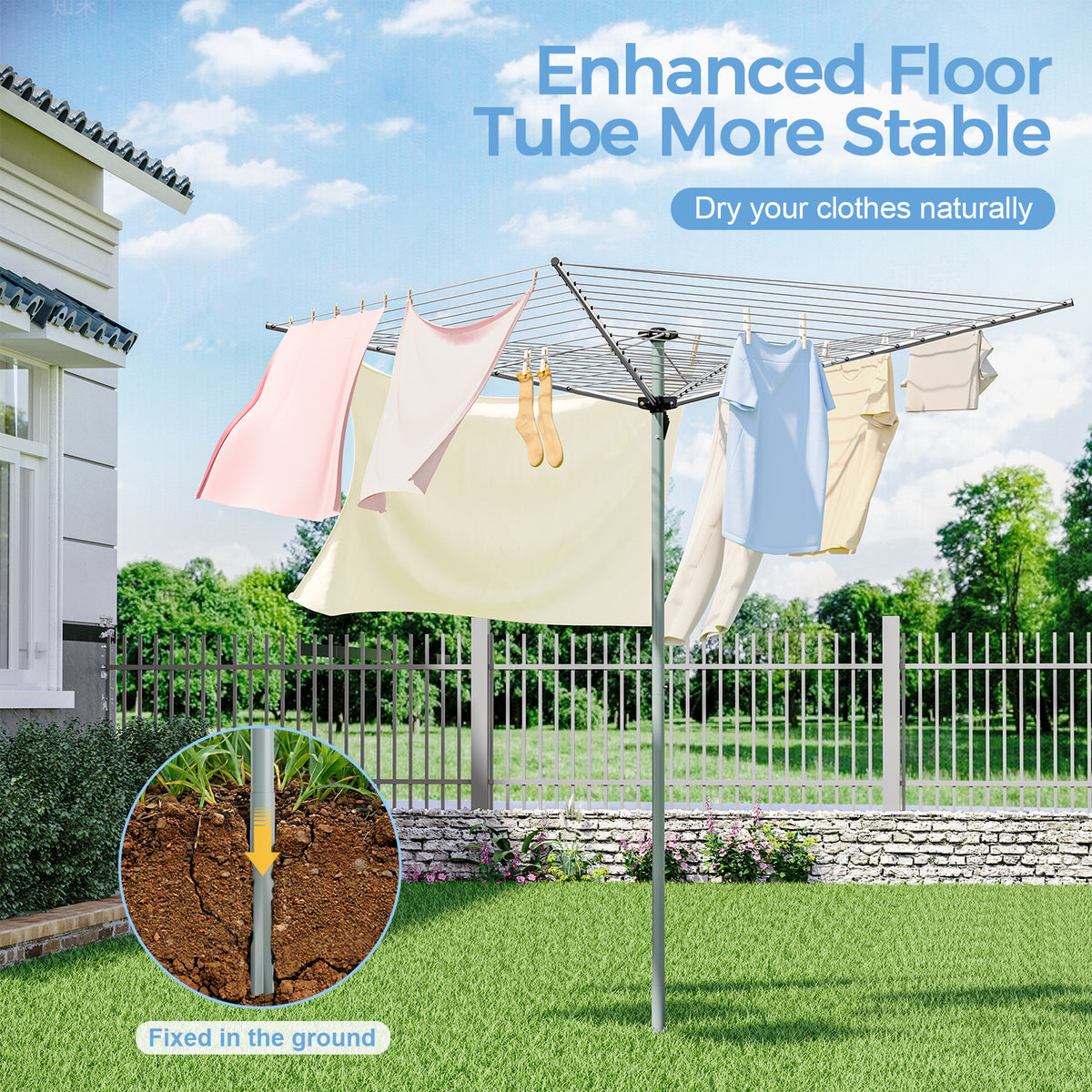 164Ft Outdoor Umbrella Clothes Drying Rack, 67.52" H, Collapsible 4-Arm Rotary Clothesline For Lawn, Garden & Backyard, Metal Frame For Outdoor Natural Laundry Drying — VC-KK-700201A-DF