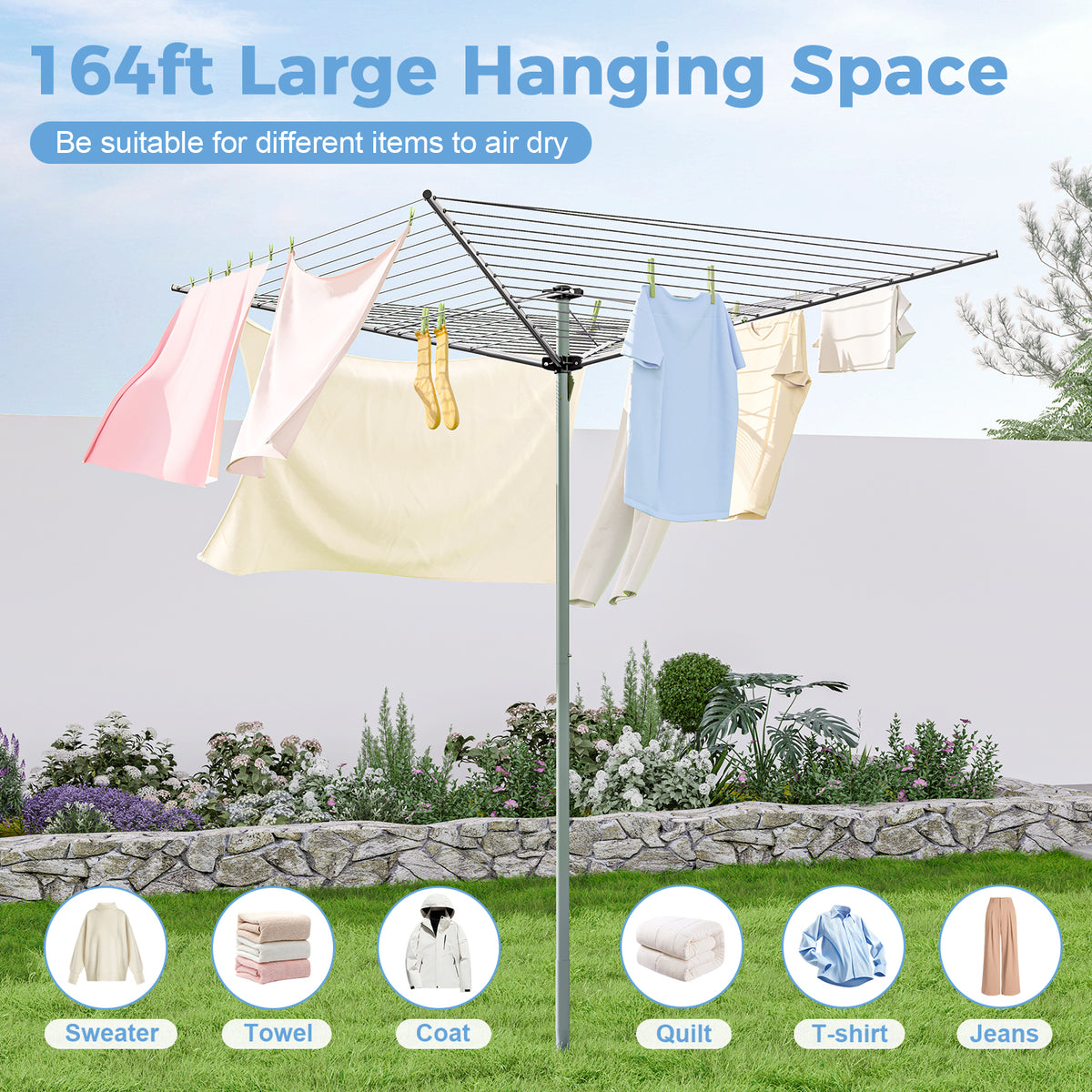 164Ft Outdoor Umbrella Clothes Drying Rack, 67.52" H, Collapsible 4-Arm Rotary Clothesline For Lawn, Garden & Backyard, Metal Frame For Outdoor Natural Laundry Drying — VC-KK-700201A-DF
