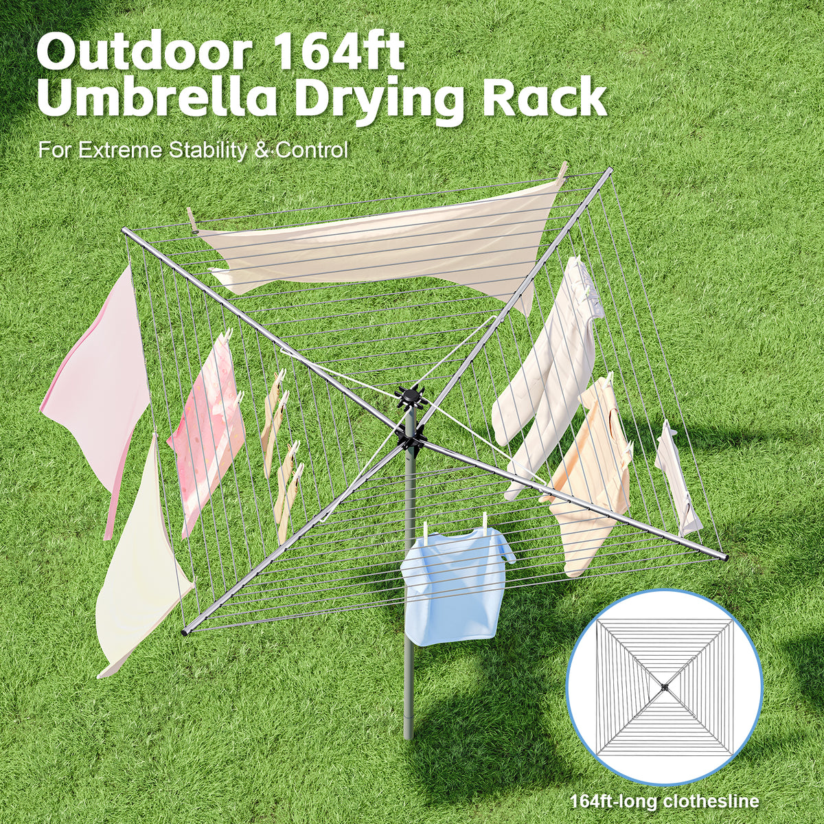 164Ft Outdoor Umbrella Clothes Drying Rack, 67.52" H, Collapsible 4-Arm Rotary Clothesline For Lawn, Garden & Backyard, Metal Frame For Outdoor Natural Laundry Drying — VC-KK-700201A-DF