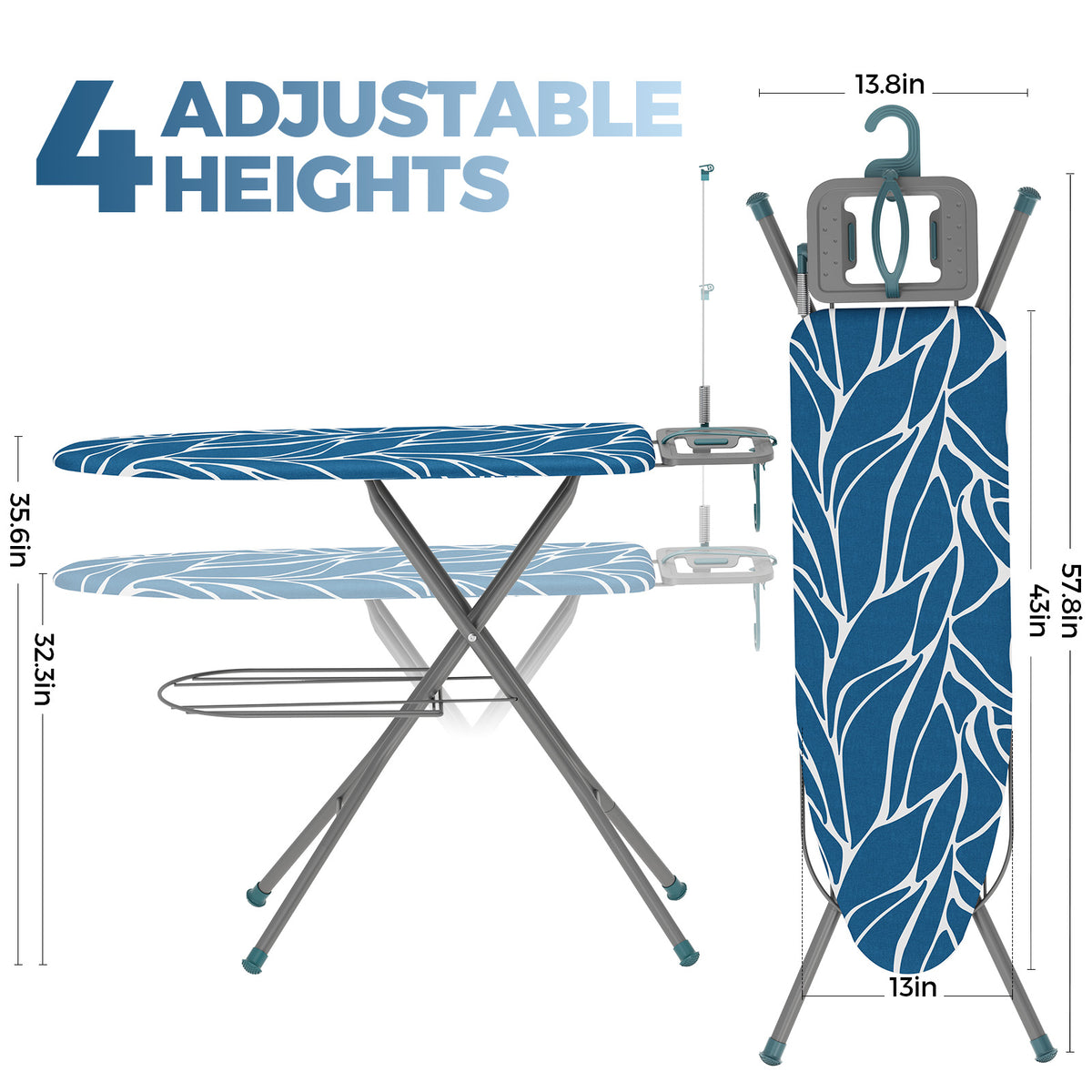 Ironing Board Full Size with Iron Rest & Garment Rack 43X13 in — VC-KK-P1343H7-22-GY-DF
