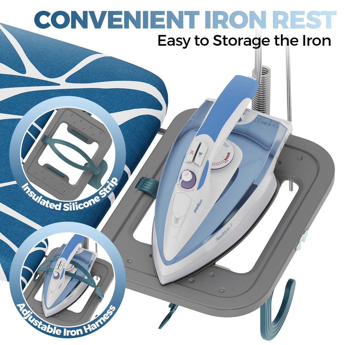 Ironing Board Full Size with Iron Rest & Garment Rack 43X13 in — VC-KK-P1343H7-22-GY-DF