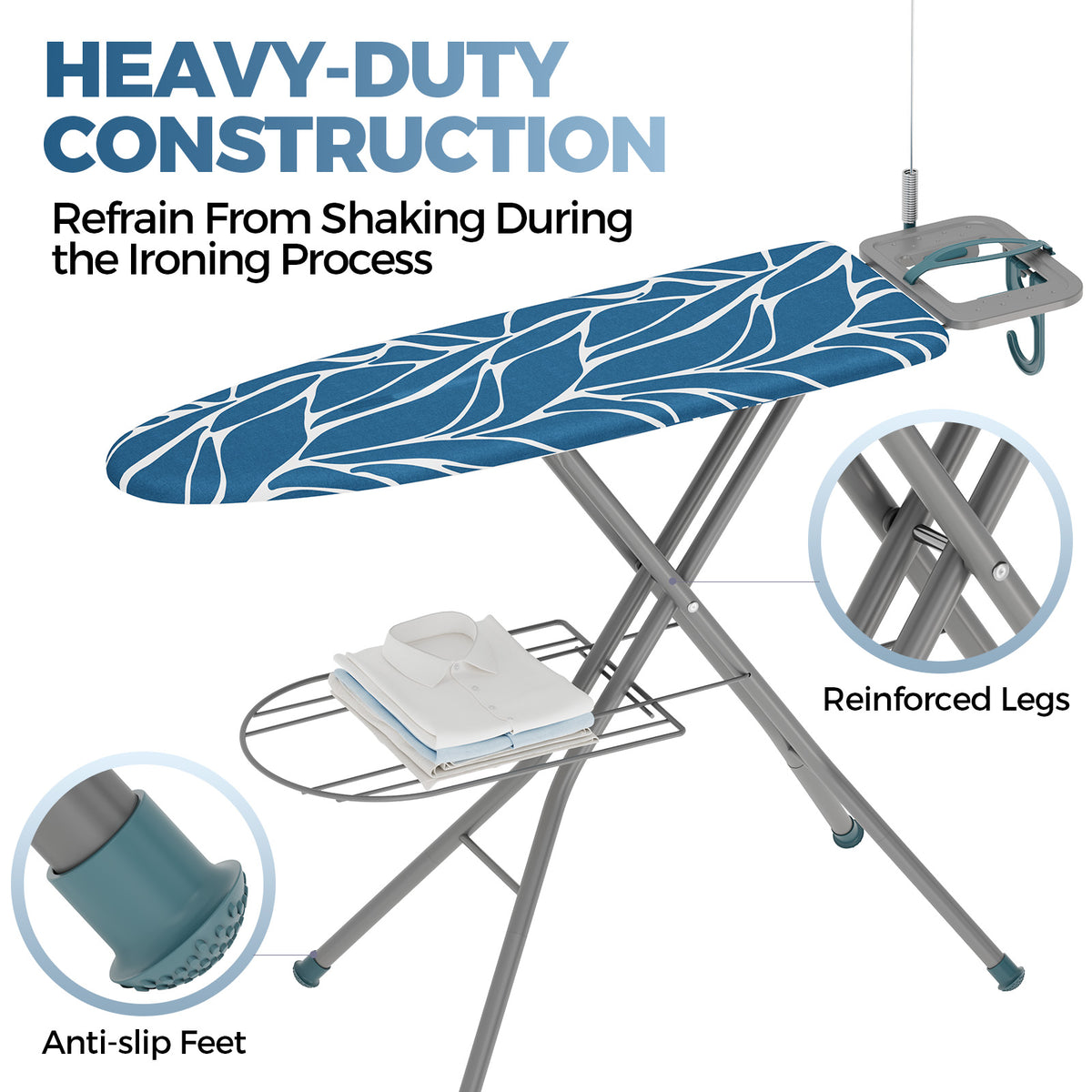 Ironing Board Full Size with Iron Rest & Garment Rack 43X13 in — VC-KK-P1343H7-22-GY-DF