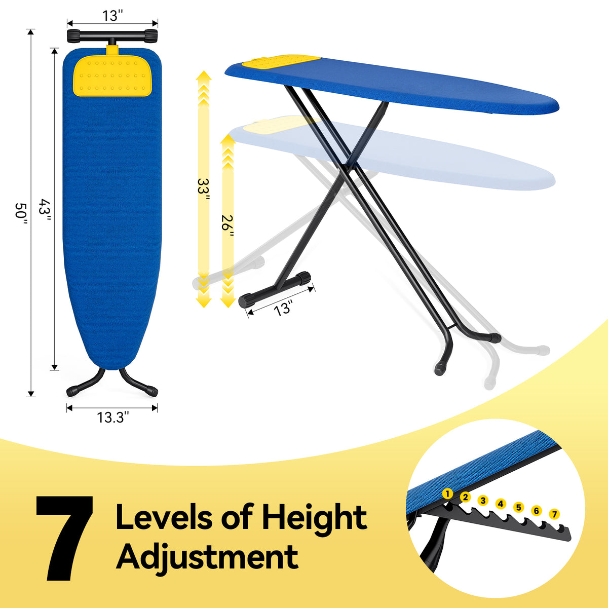 Ironing Board Full Size, Iron Board with Silicone Rest, Foldable Ironing Boards Standard Size, Heavy Duty Iron Stand Boards, Ironing Table with 7 Height Adjustable Anti-Slip Feet, 13x43 Blue — VC-KK-P1343HT1-BU-1-DF