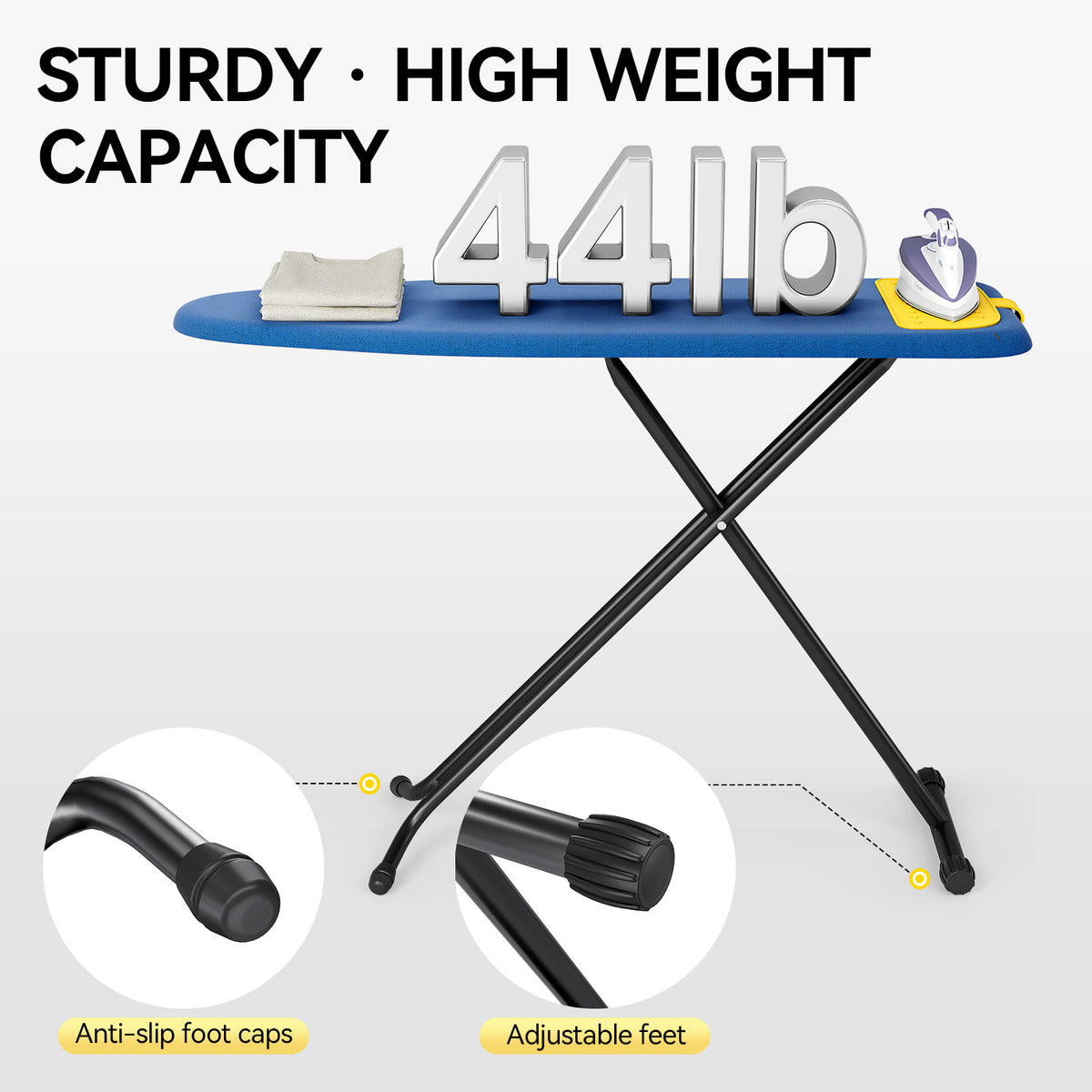 Ironing Board Full Size, Iron Board with Silicone Rest, Foldable Ironing Boards Standard Size, Heavy Duty Iron Stand Boards, Ironing Table with 7 Height Adjustable Anti-Slip Feet, 13x43 Blue — VC-KK-P1343HT1-BU-1-DF
