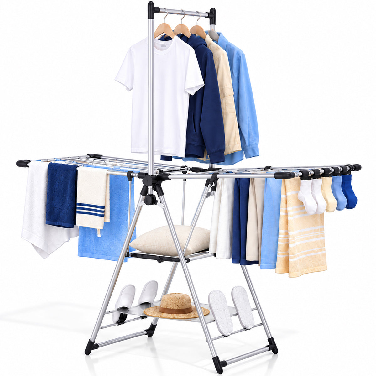 3-Tier Clothes Drying Rack, Foldable Laundry Rack with Adjustable Wings, Free-Standing Drying Rack for Indoor and Outdoor Use, Black — VC-KK-WK154106B-DF
