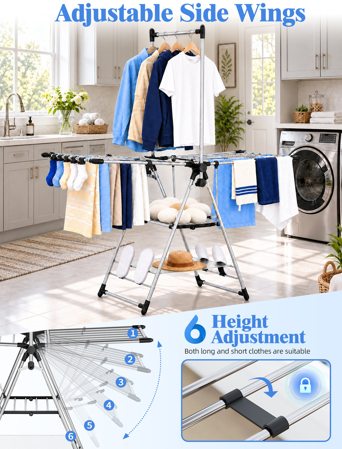 3-Tier Clothes Drying Rack, Foldable Laundry Rack with Adjustable Wings, Free-Standing Drying Rack for Indoor and Outdoor Use, Black — VC-KK-WK154106B-DF