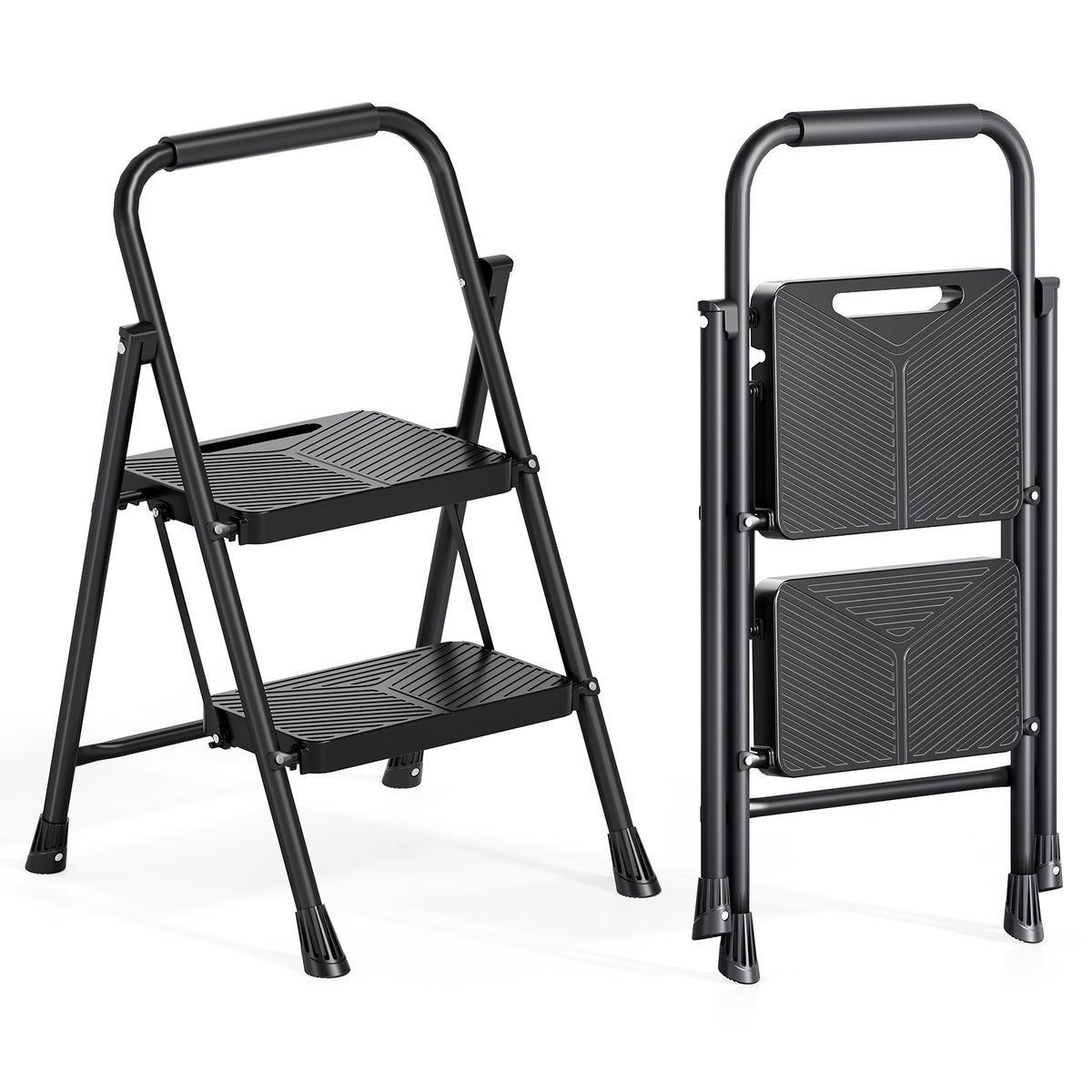 2 Step Ladder, Folding Step Stool with Wide Pedals, Portable Sturdy Steel ladder for Home, Kitchen, Black — VC-KK-WK2215B-2-DF