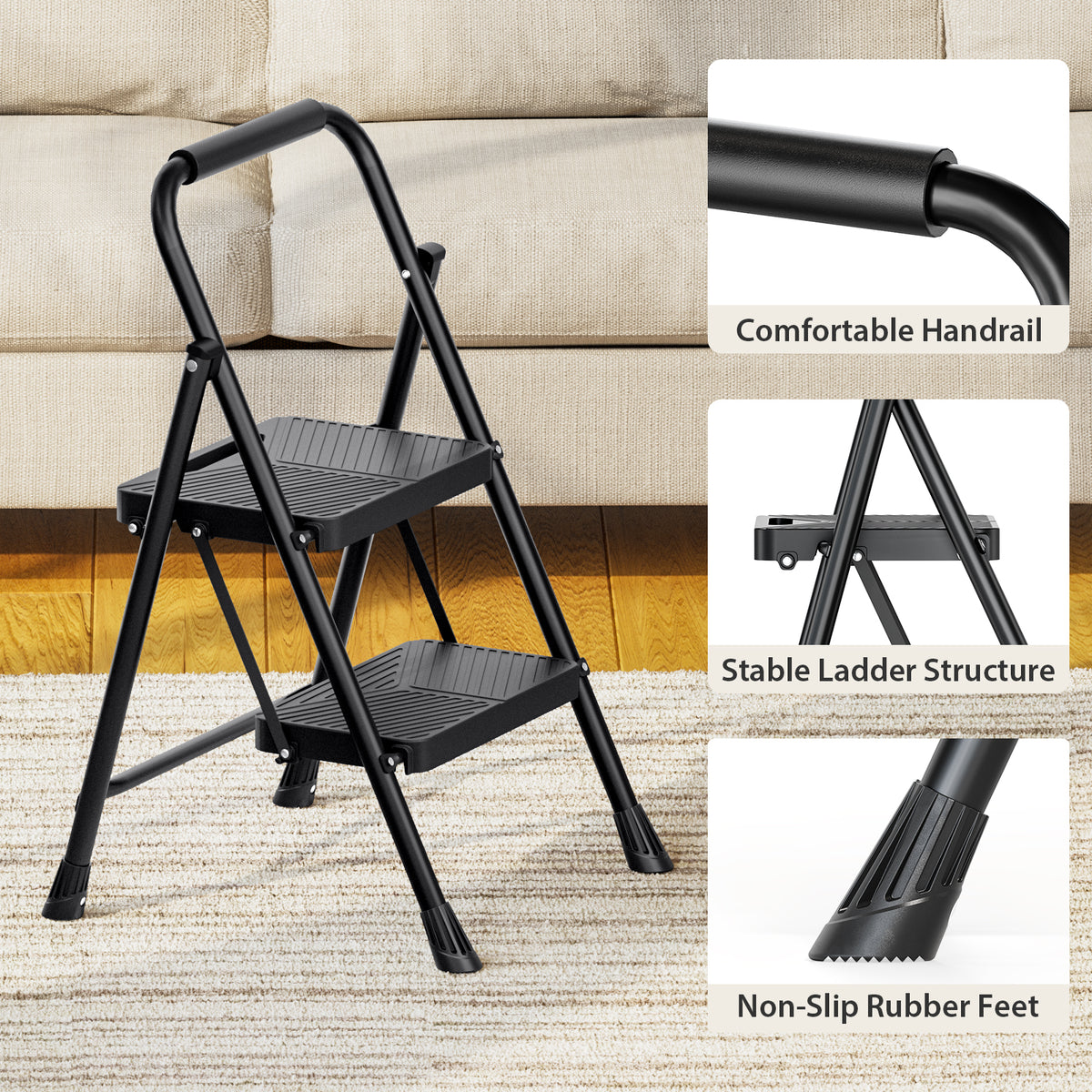2 Step Ladder, Folding Step Stool with Wide Pedals, Portable Sturdy Steel ladder for Home, Kitchen, Black — VC-KK-WK2215B-2-DF