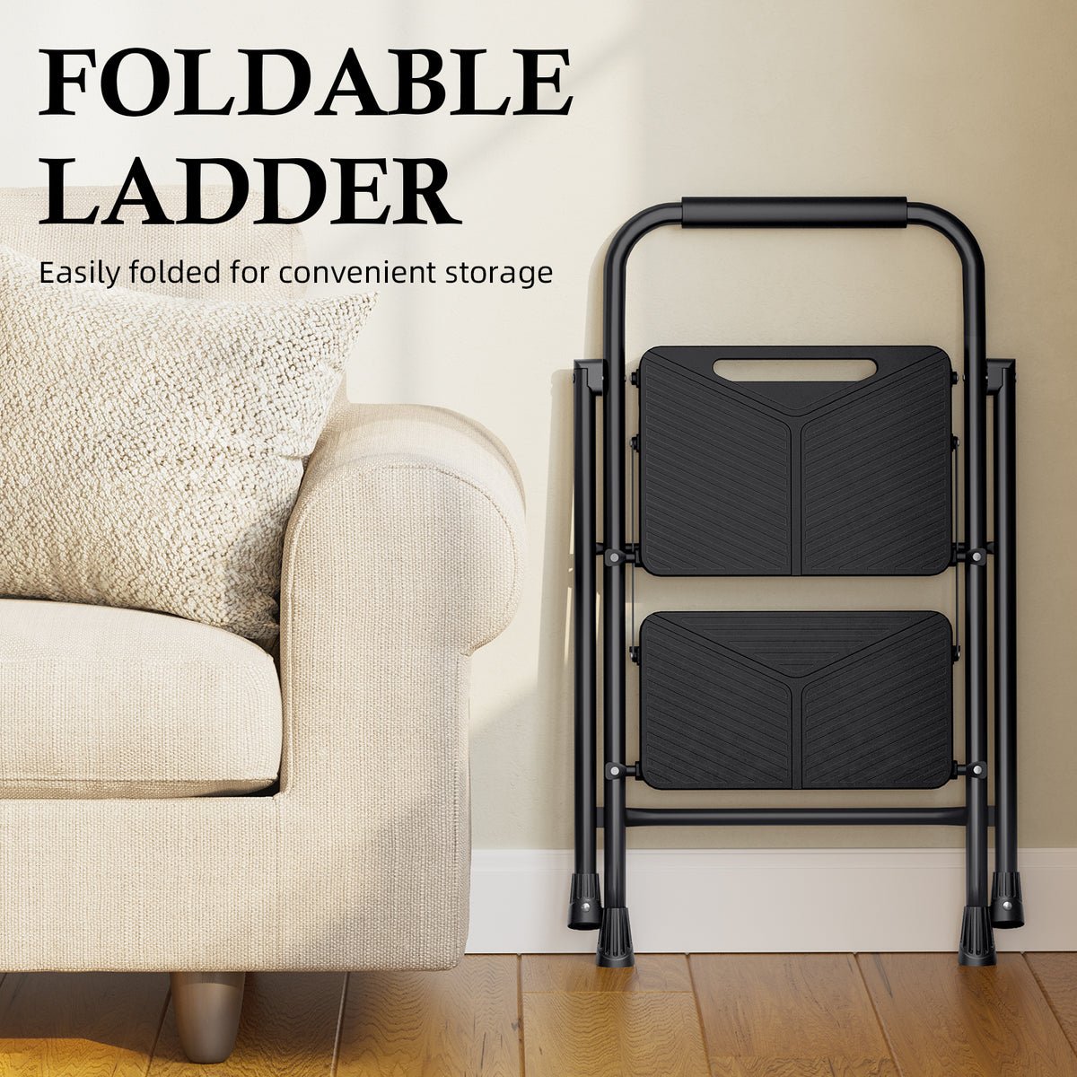 2 Step Ladder, Folding Step Stool with Wide Pedals, Portable Sturdy Steel ladder for Home, Kitchen, Black — VC-KK-WK2215B-2-DF