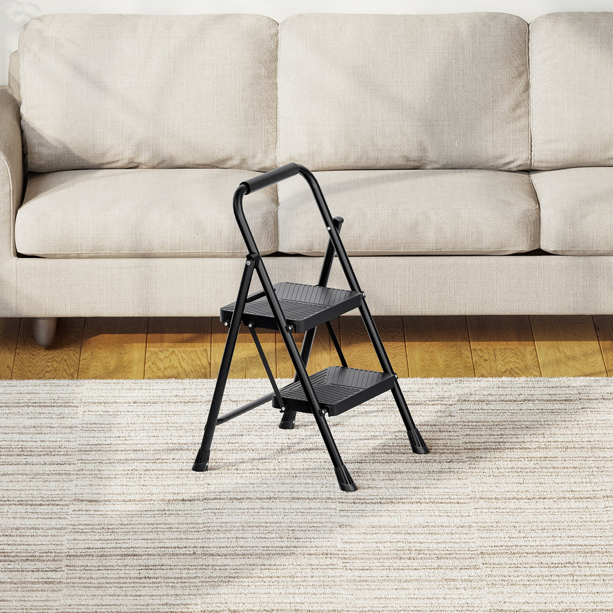 2 Step Ladder, Folding Step Stool with Wide Pedals, Portable Sturdy Steel ladder for Home, Kitchen, Black — VC-KK-WK2215B-2-DF