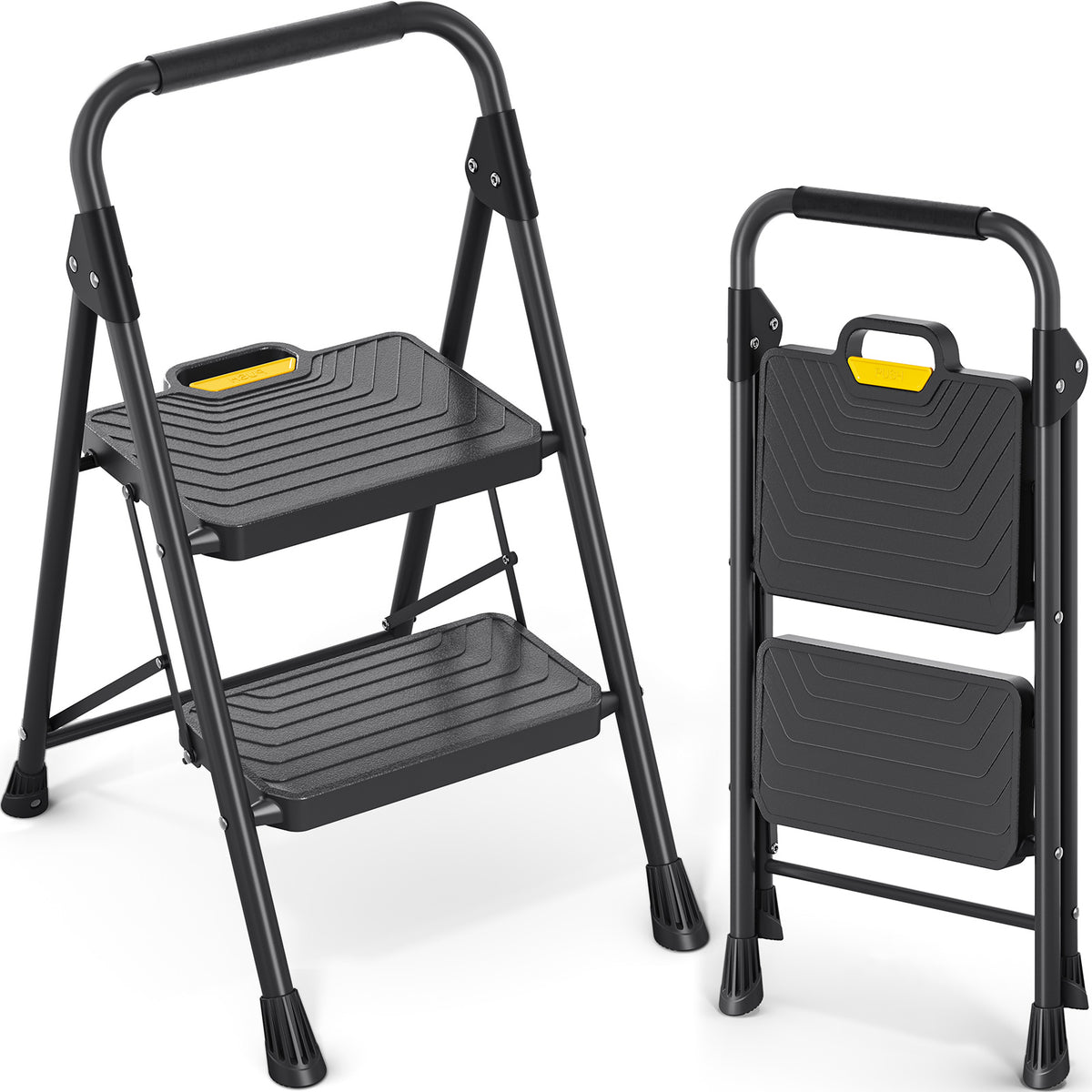 2 Step Ladder, Foldable Step Stool with Non-Slip Pedals, Automatic Safety Lock for Kitchen and Household Use, Black — VC-KK-WK2224-2-DF