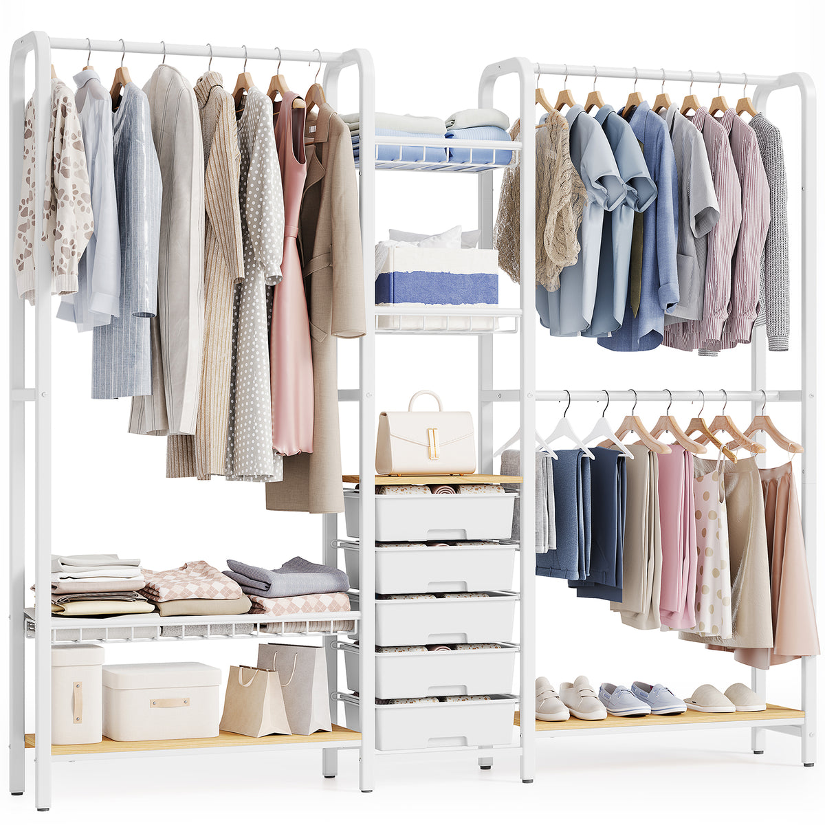 Heavy Duty Clothes Rack with 5 Drawers, Clothing Rack for Hanging Clothes, Portable Garment Rack, Multifunctional Closet Organizer System,72.8x12.9x71.1in — VC-KK-WK330079-W-DF