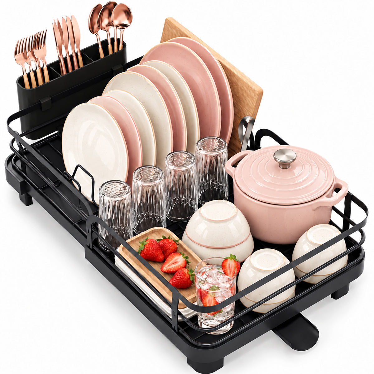 Expandable Dish Drying Rack for Kitchen Counter, Large Dish Drainer with Drainboard and Utensil Holder, Black — VC-KK-WK811120-NR-DF