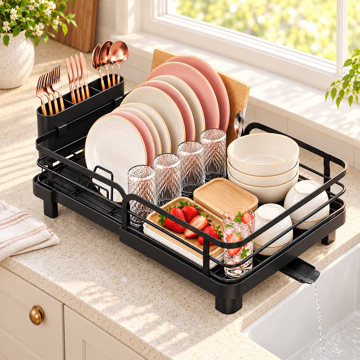 Expandable Dish Drying Rack for Kitchen Counter, Large Dish Drainer with Drainboard and Utensil Holder, Black — VC-KK-WK811120-NR-DF