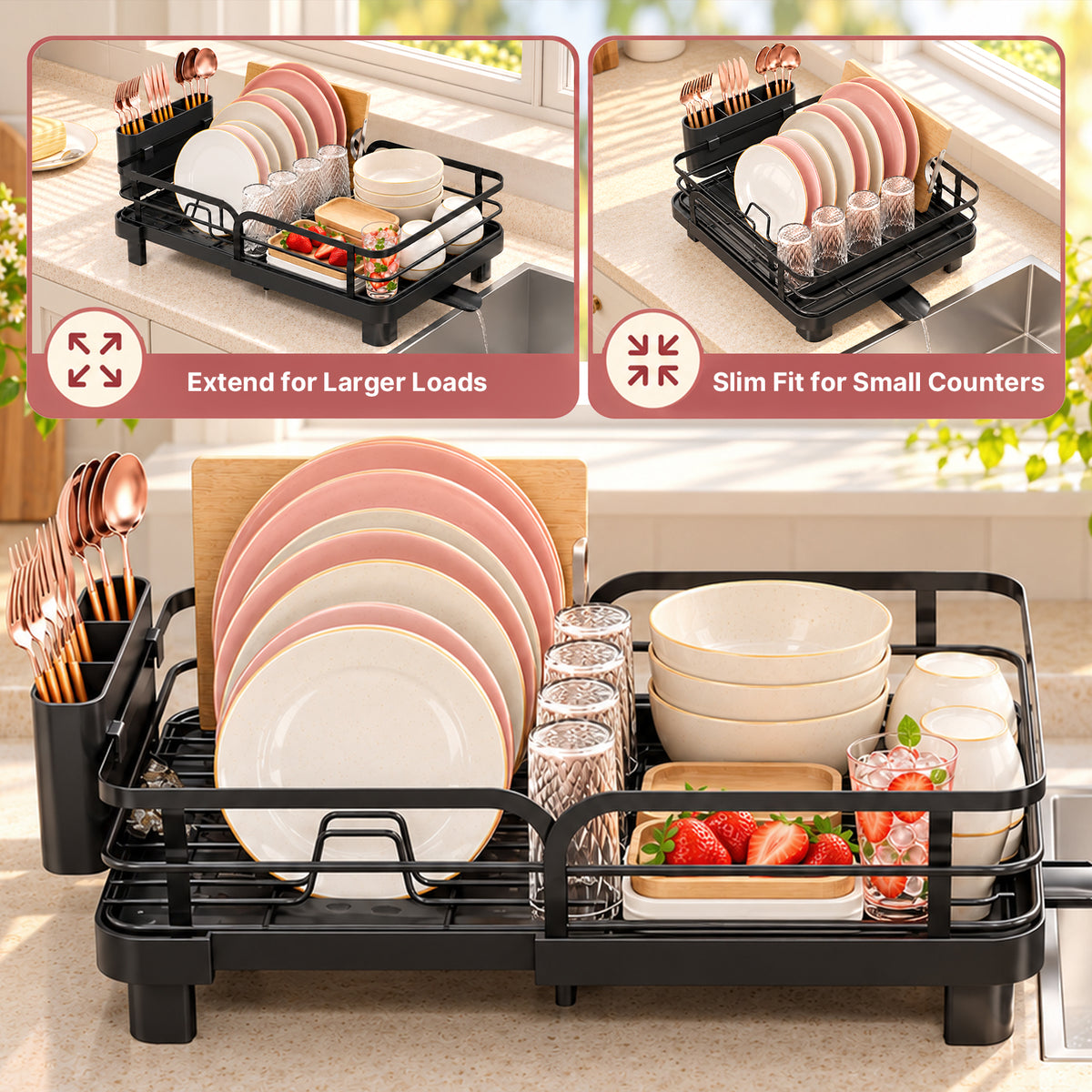 Expandable Dish Drying Rack for Kitchen Counter, Large Dish Drainer with Drainboard and Utensil Holder, Black — VC-KK-WK811120-NR-DF