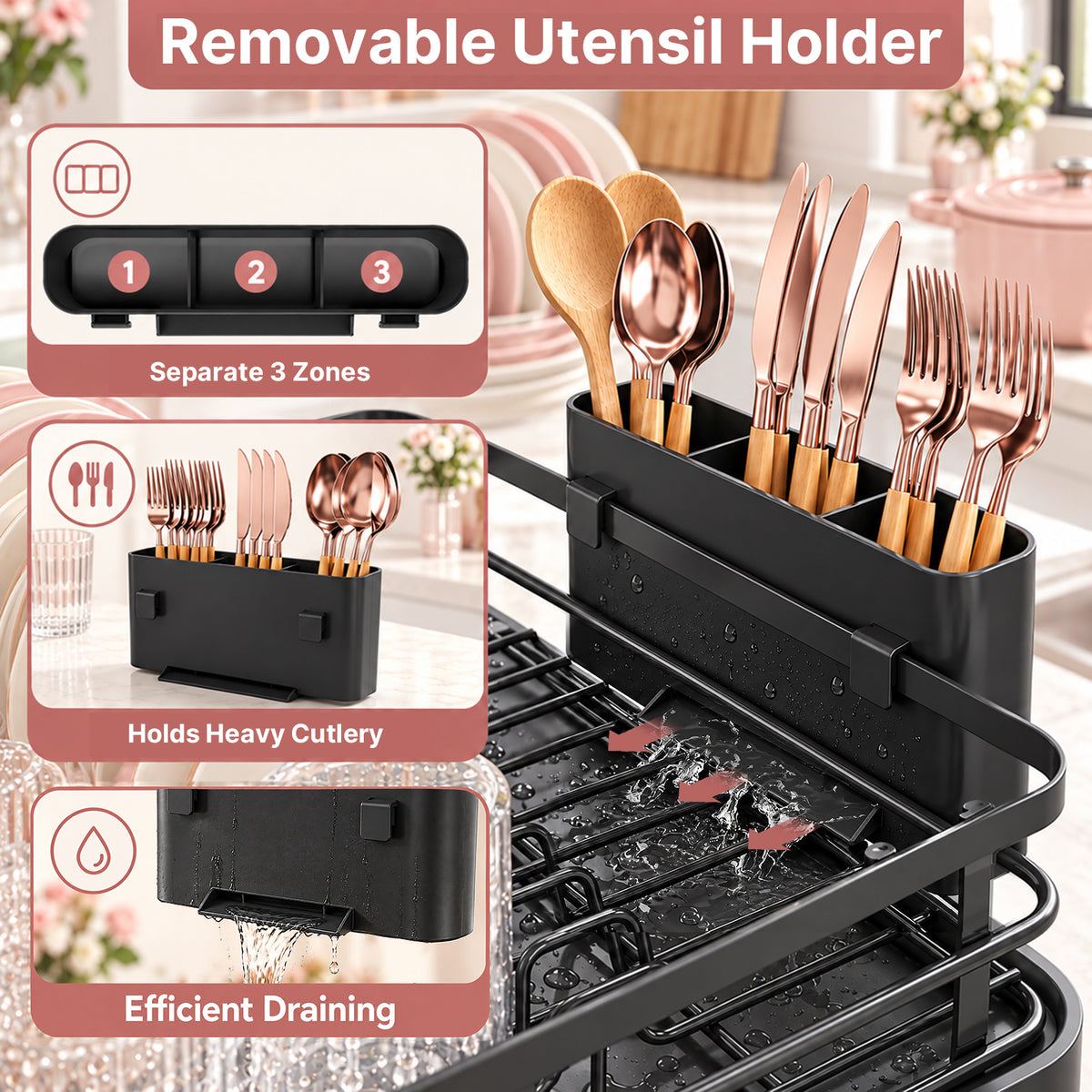 Expandable Dish Drying Rack for Kitchen Counter, Large Dish Drainer with Drainboard and Utensil Holder, Black — VC-KK-WK811120-NR-DF