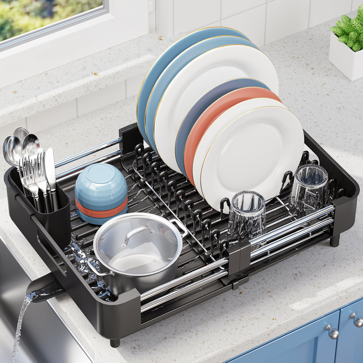 Expandable Dish Drying Rack for Kitchen Counter, Stainless Steel Dish Drainer, Black — VC-KK-WK811323-B-NR-DF