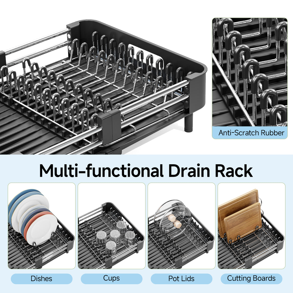 Expandable Dish Drying Rack for Kitchen Counter, Stainless Steel Dish Drainer, Black — VC-KK-WK811323-B-NR-DF