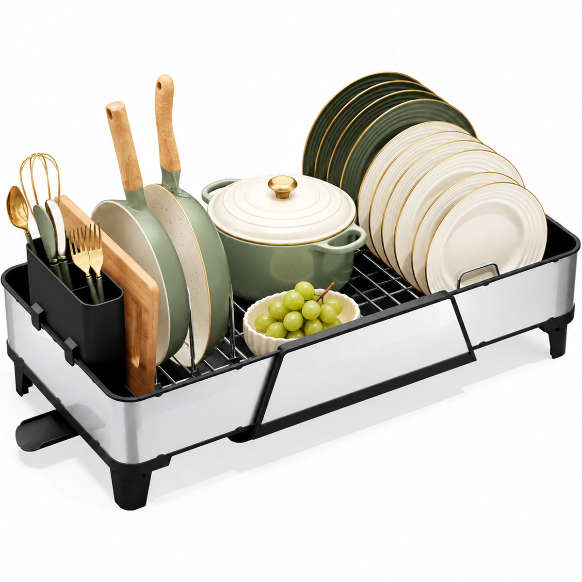 Expandable Dish Drying Rack for Kitchen Counter, Large Stainless Steel Dish Drainer, Black — VC-KK-WK811343-B-DF