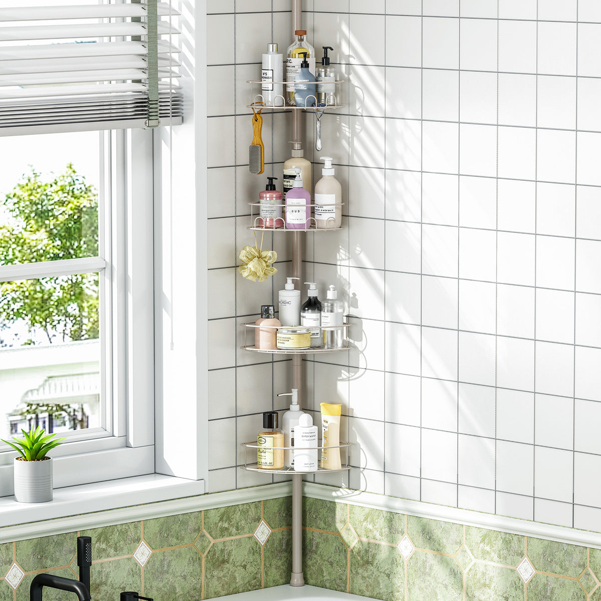 Adjustable Corner Shower Caddy, 4 Tier Bathroom Organizer Tension Pole with Storage Shelves and Towel Bars, Gray — VC-KK-WK820628-DF