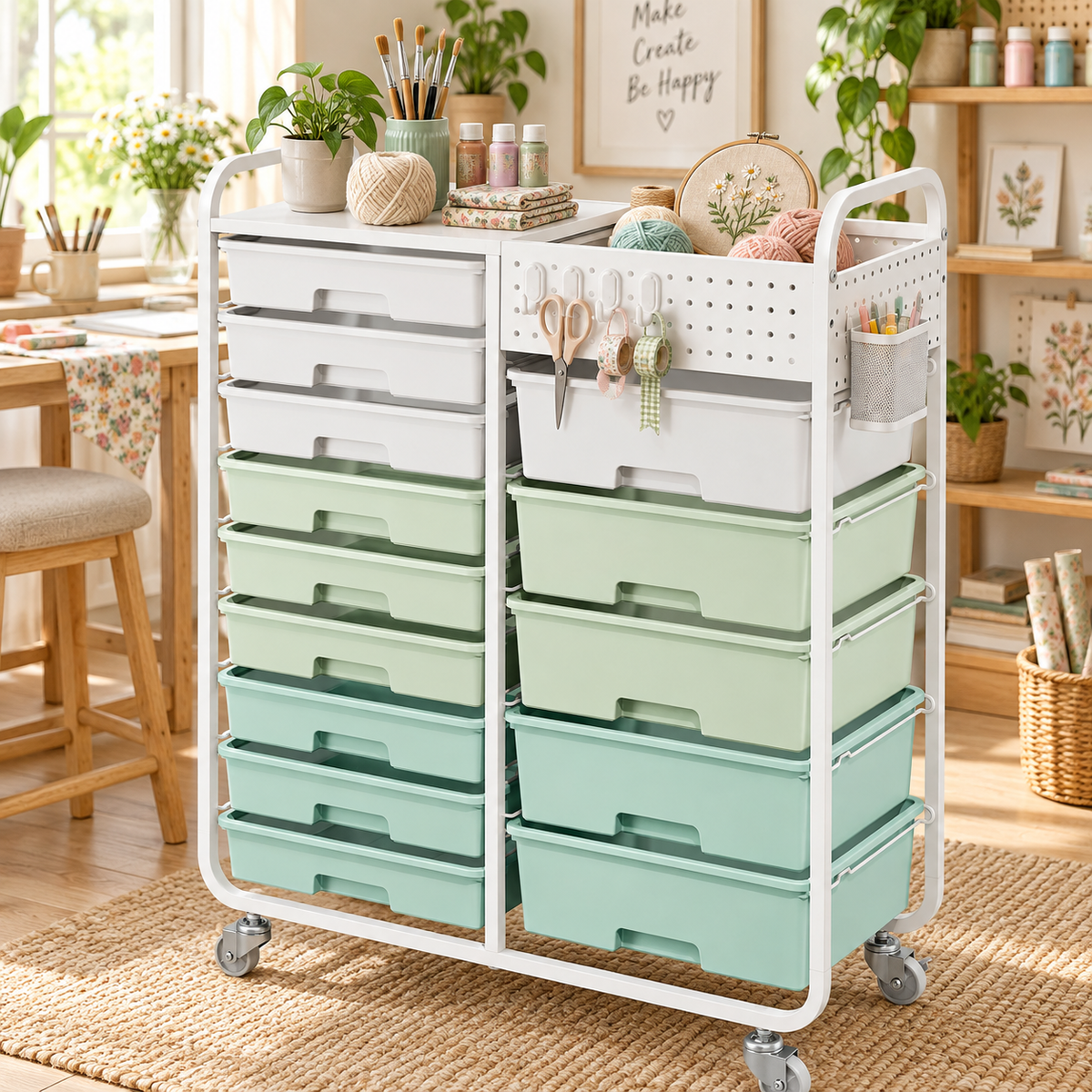 14-Drawer Art & Craft Storage Cart with Wheels, Tabletop and Pegboard — VC-KK-WK831214-NW