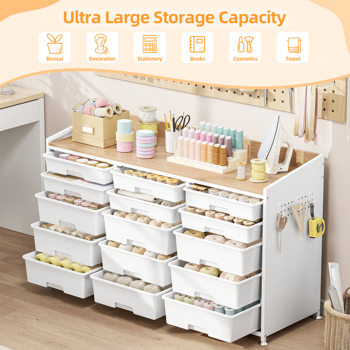 Storage Cabinet with 15 Drawers in 2 Sizes, Pegboard, Wide Wooden Top 44.06 Inch, Adjustable Feet,White — VC-KK-WK831467-DF