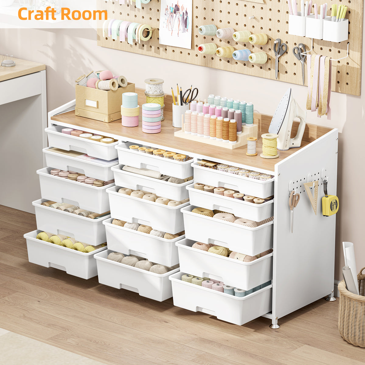 Storage Cabinet with 15 Drawers in 2 Sizes, Pegboard, Wide Wooden Top 44.06 Inch, Adjustable Feet,White — VC-KK-WK831467-DF