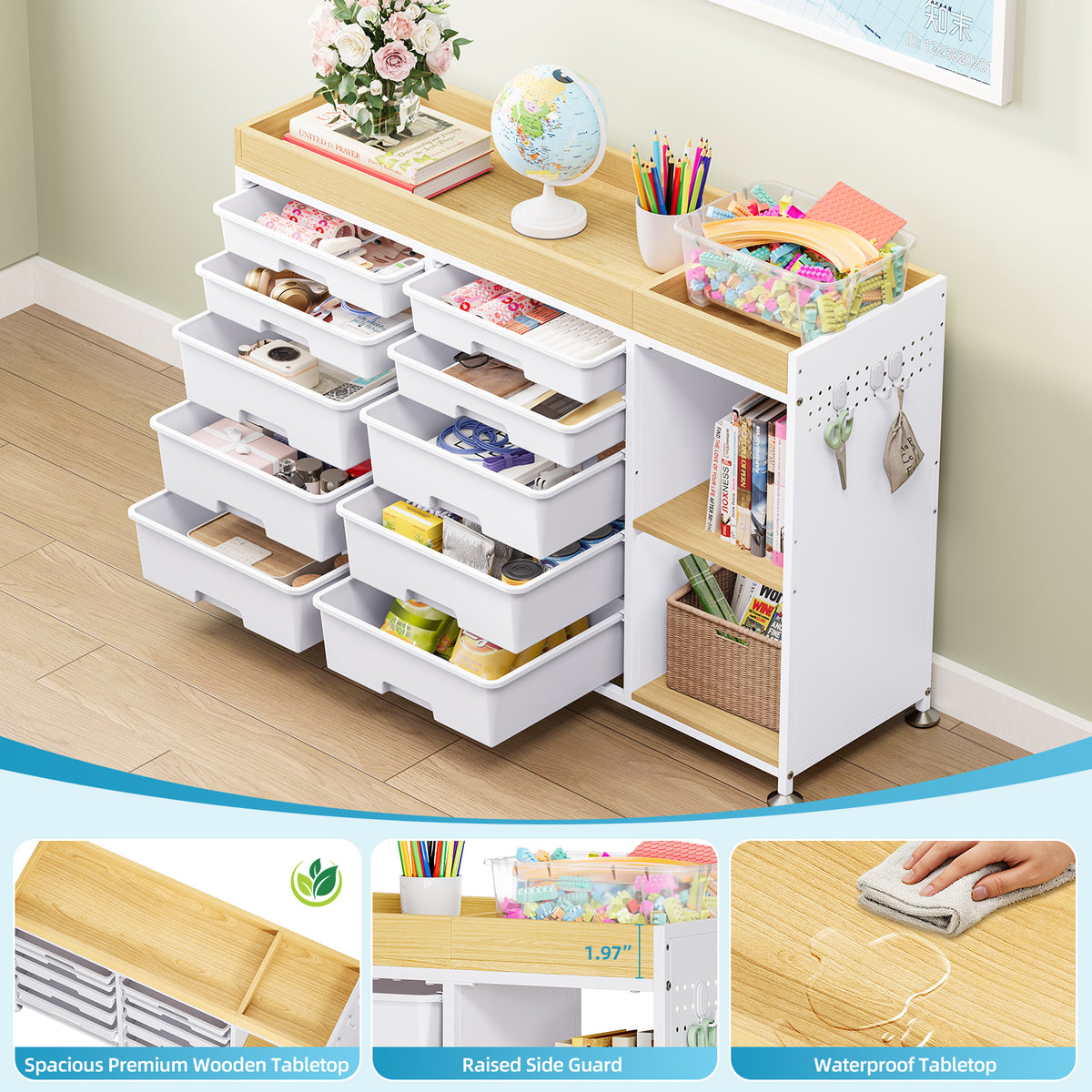 Multifunctional Storage Cabinet with 10 Drawers, Pegboard & Wide Wooden Top, White — VC-KK-WK831470-DF