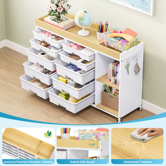 Multifunctional Storage Cabinet with 10 Drawers, Pegboard & Wide Wooden Top, White — VC-KK-WK831470-DF