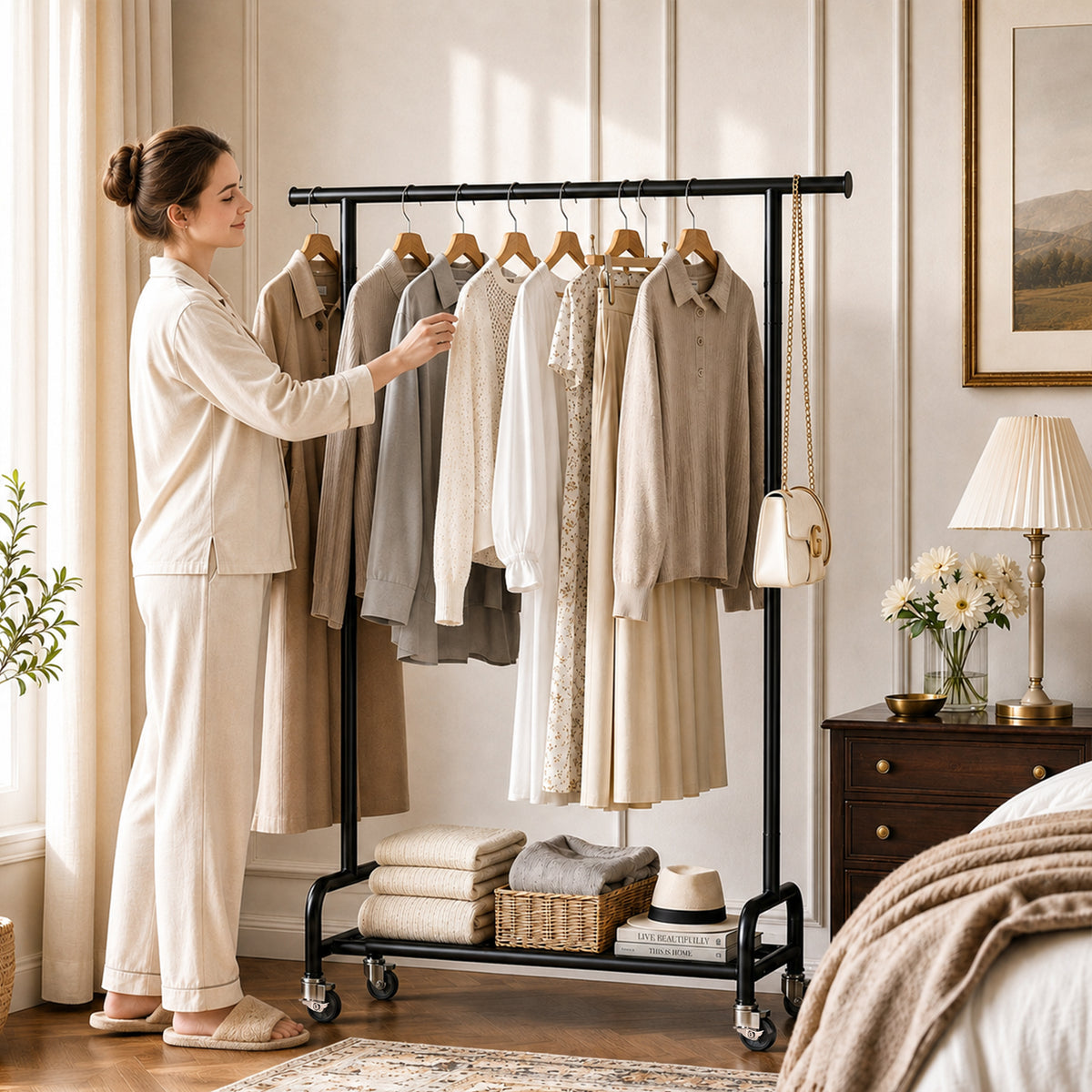 Rolling Clothes Rack - Portable Garment Rack with Mesh Base for Bedroom, Laundry Room — VC-WK272198-DF