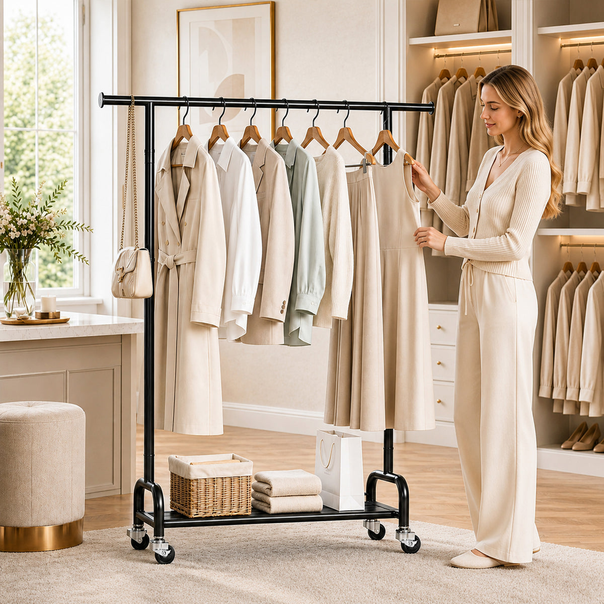 Rolling Clothes Rack - Portable Garment Rack with Mesh Base for Bedroom, Laundry Room — VC-WK272198-DF