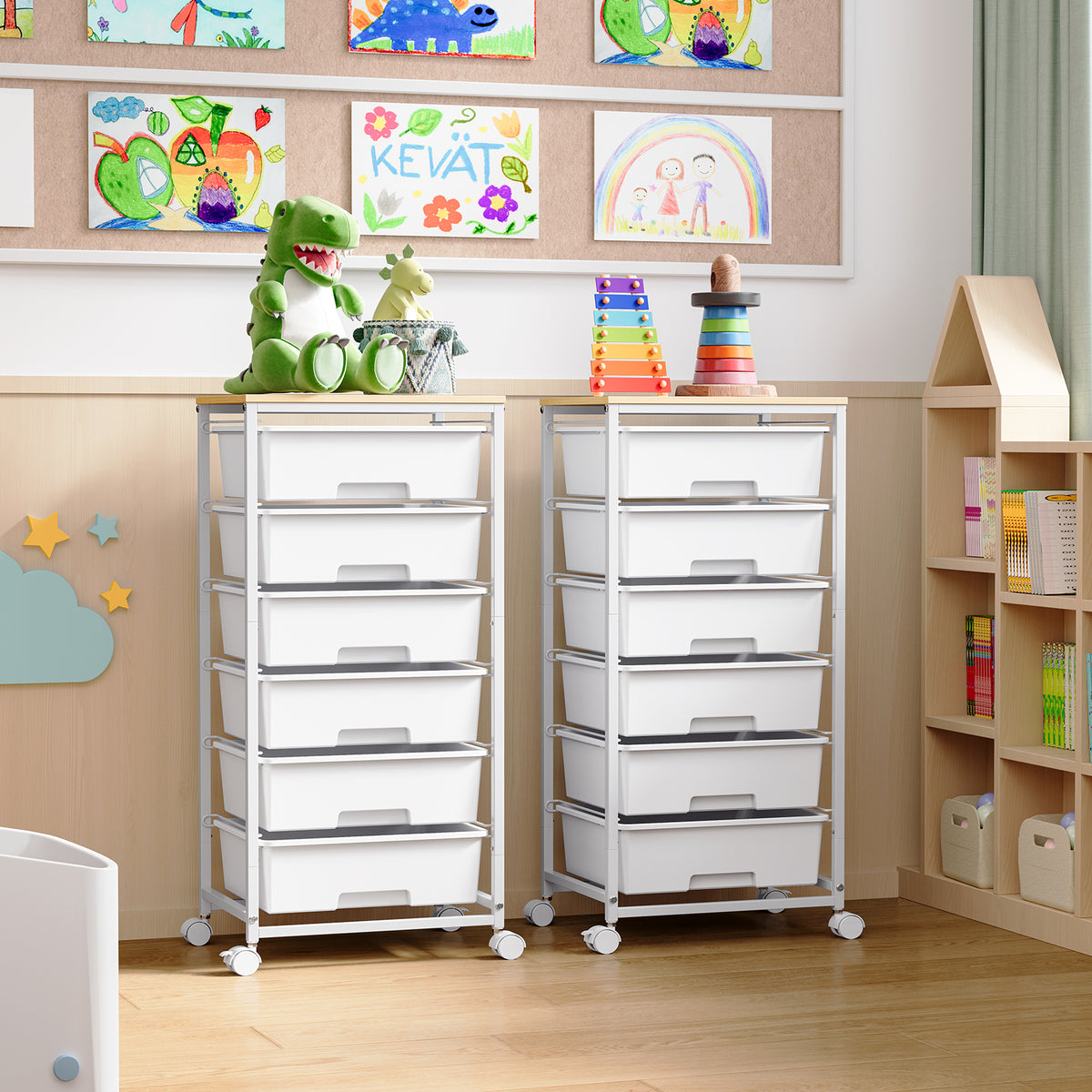 KINGTIDY 6 Drawers Storage Cart with Wooden Top, Rolling Storage Cart Organizer for Home Office Dorm, White — VC-WM-US-BZ831177-W