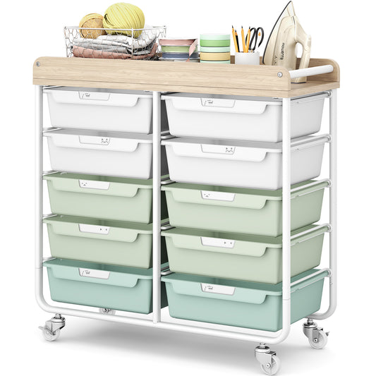 Rolling Storage Cart with 10 Drawers,KINTIDY Drawer Cart with Sturdy Frame for Craft Office School Storage, Green — VC-WM-US-BZ831234-1G