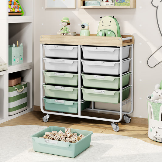 Rolling Storage Cart with 10 Drawers,KINTIDY Drawer Cart with Sturdy Frame for Craft Office School Storage, Green — VC-WM-US-BZ831234-1G
