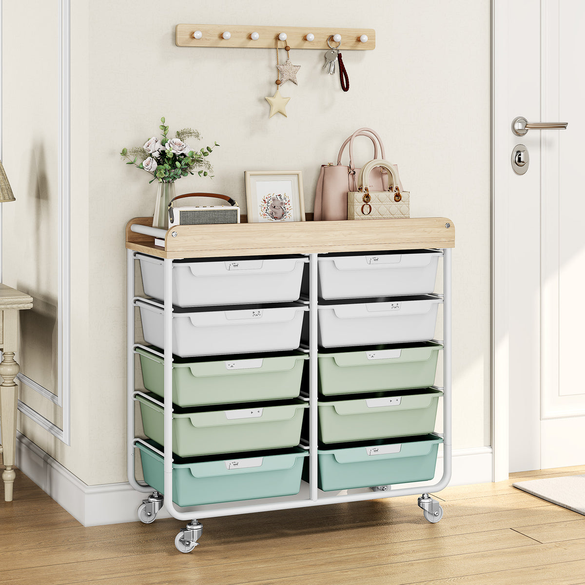 Rolling Storage Cart with 10 Drawers,KINTIDY Drawer Cart with Sturdy Frame for Craft Office School Storage, Green — VC-WM-US-BZ831234-1G