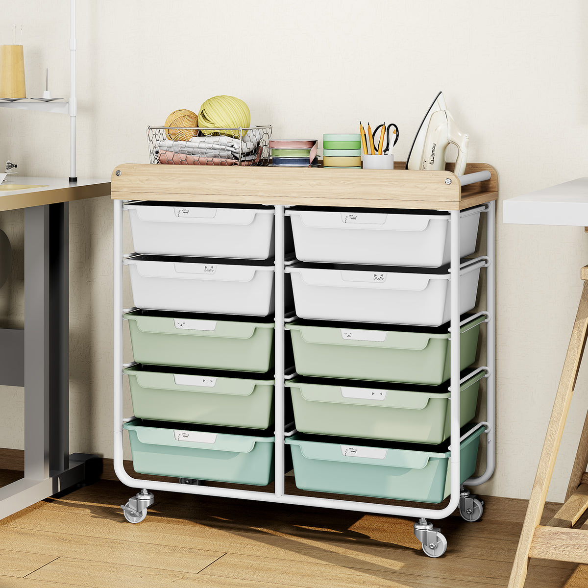 Rolling Storage Cart with 10 Drawers,KINTIDY Drawer Cart with Sturdy Frame for Craft Office School Storage, Green — VC-WM-US-BZ831234-1G
