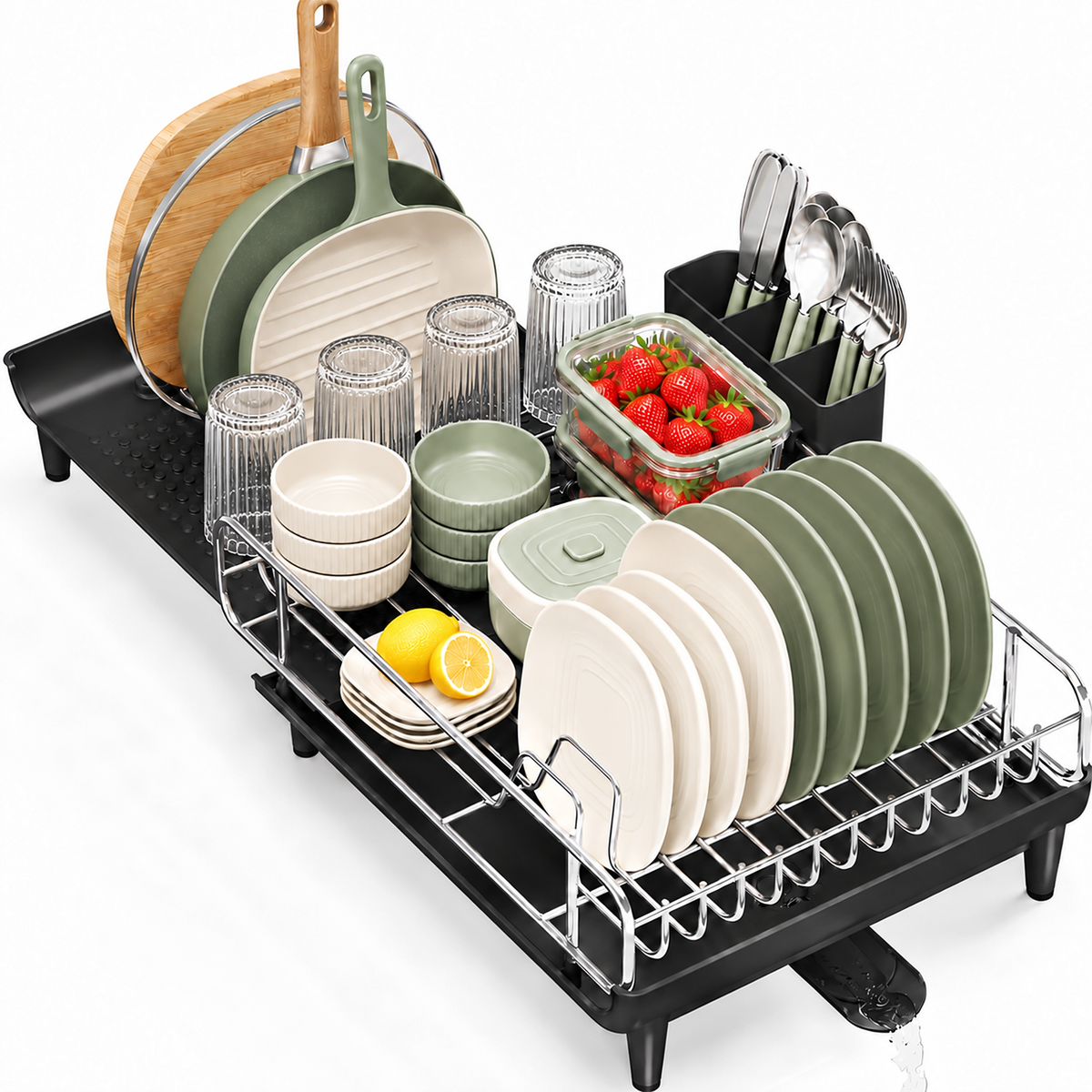 Expandable Dish Drying Rack for Kitchen Counter, Large Dish Drainer with Drainboard and Utensil Holder, Black — VC-WM-US-WDJ810475-B