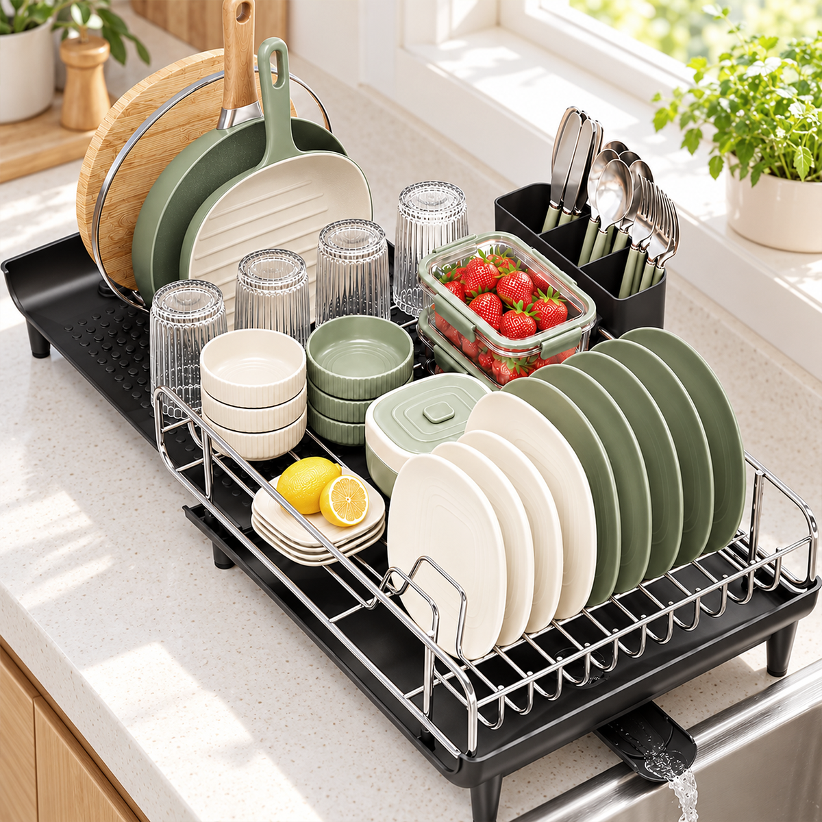 Expandable Dish Drying Rack for Kitchen Counter, Large Dish Drainer with Drainboard and Utensil Holder, Black — VC-WM-US-WDJ810475-B