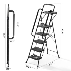 KINGRACK 5 Step Ladder with Tool Platform, Sturdy Step Stool with Handrail, Folding Steel Ladder with Wide Pedal, Safety Ladder for Adults Home Outdoor Painting Garage