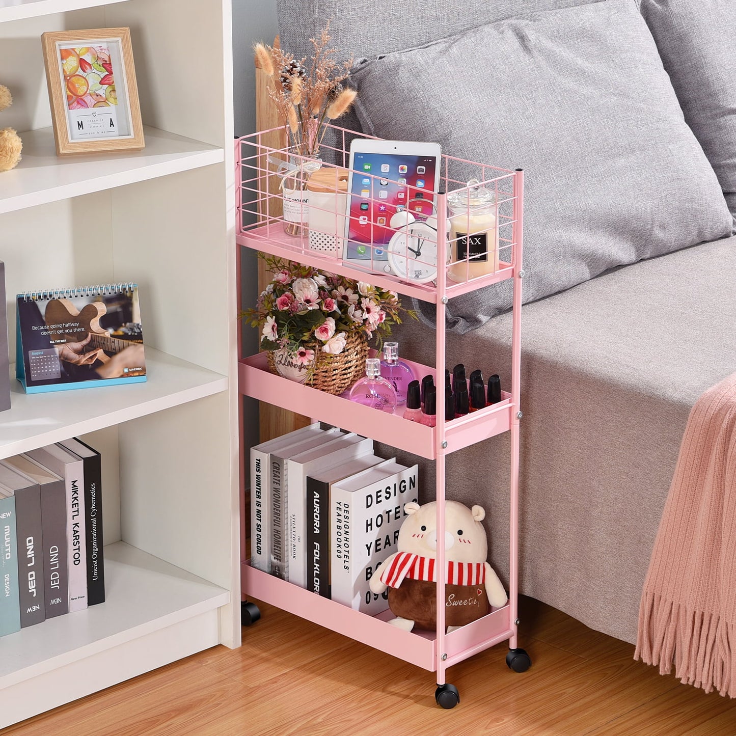 TOOLF Rolling Cart, 3-Tier Metal Cart, Slim Storage Cart for Home & Office, Pink (RY810076-P)