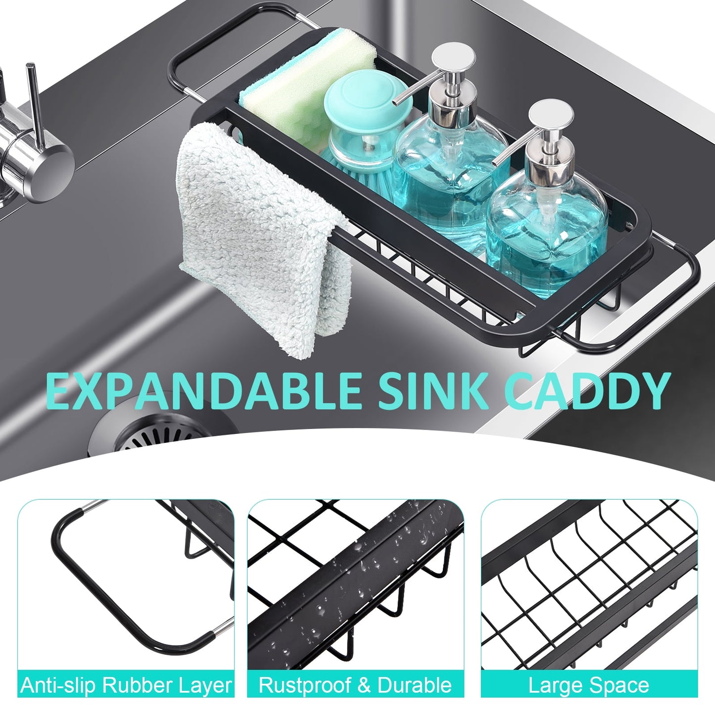 TOOLF Expandable Sink Caddy, Sink Drying Rack, Sink Organizer for Kitchen, Black(wk810592)