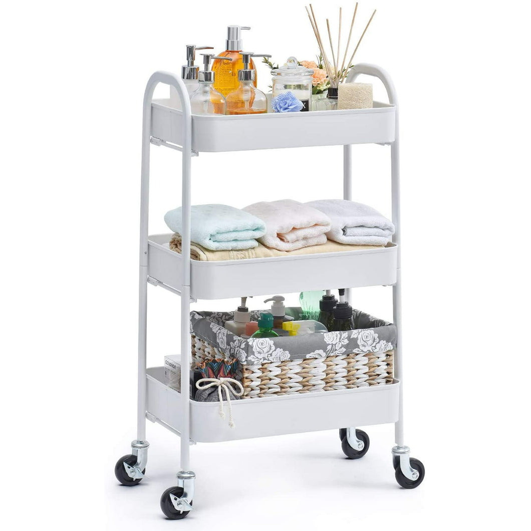 Kingrack 3 Tier Rolling Cart, No Screw Metal Utility Cart, Easy Assemble Utility Serving Cart, Sturdy Storage Trolley with Handles, Locking Wheels, for Classroom Office Home Bedroom Bathroom, White，WK130917-W
