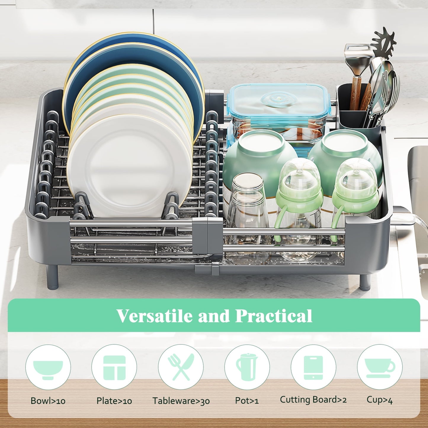 Kingrack Extendable Dish Rack, Dual Part Dish Drainers with Non-Scratch and Movable Cutlery Drainer and Drainage Spout, WK810172-6