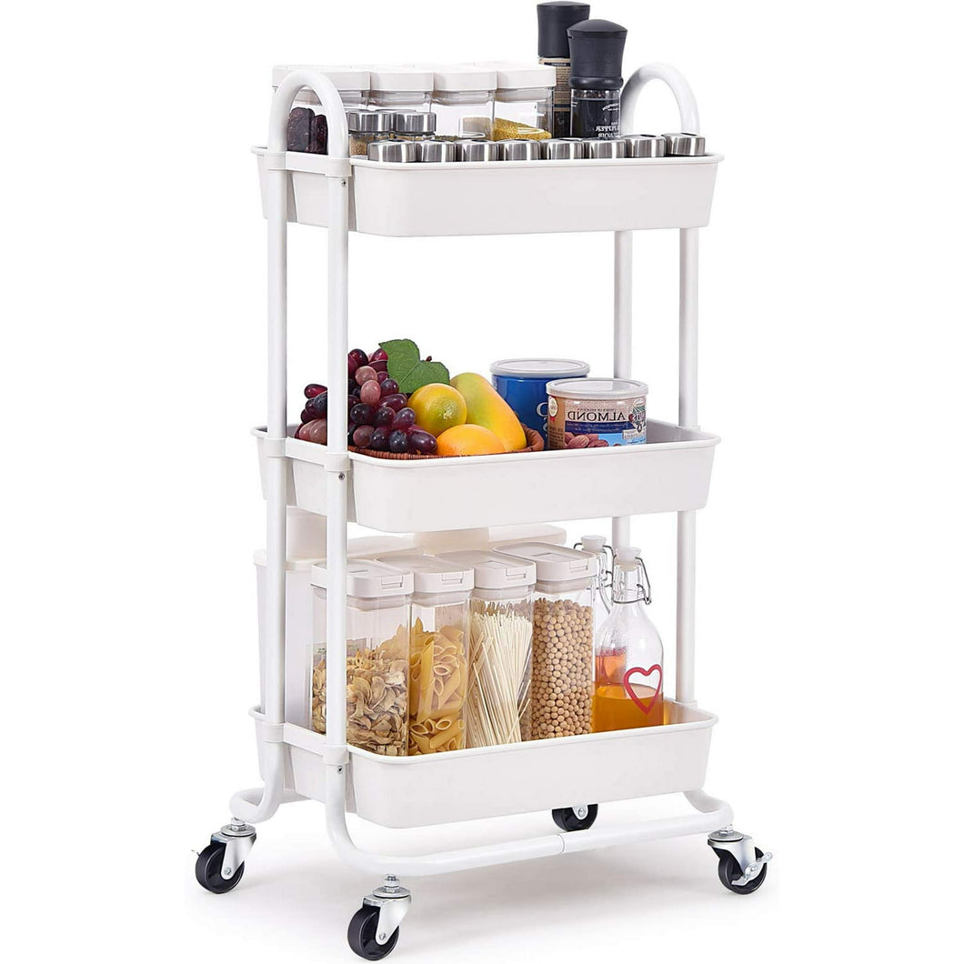 Kingrack Utility Rolling Cart with Lockable Wheels Multi-Purpose Storage Organizer Organizer Trolley with Handles Serving Trolley with Mesh Basket, White，WK830161-1