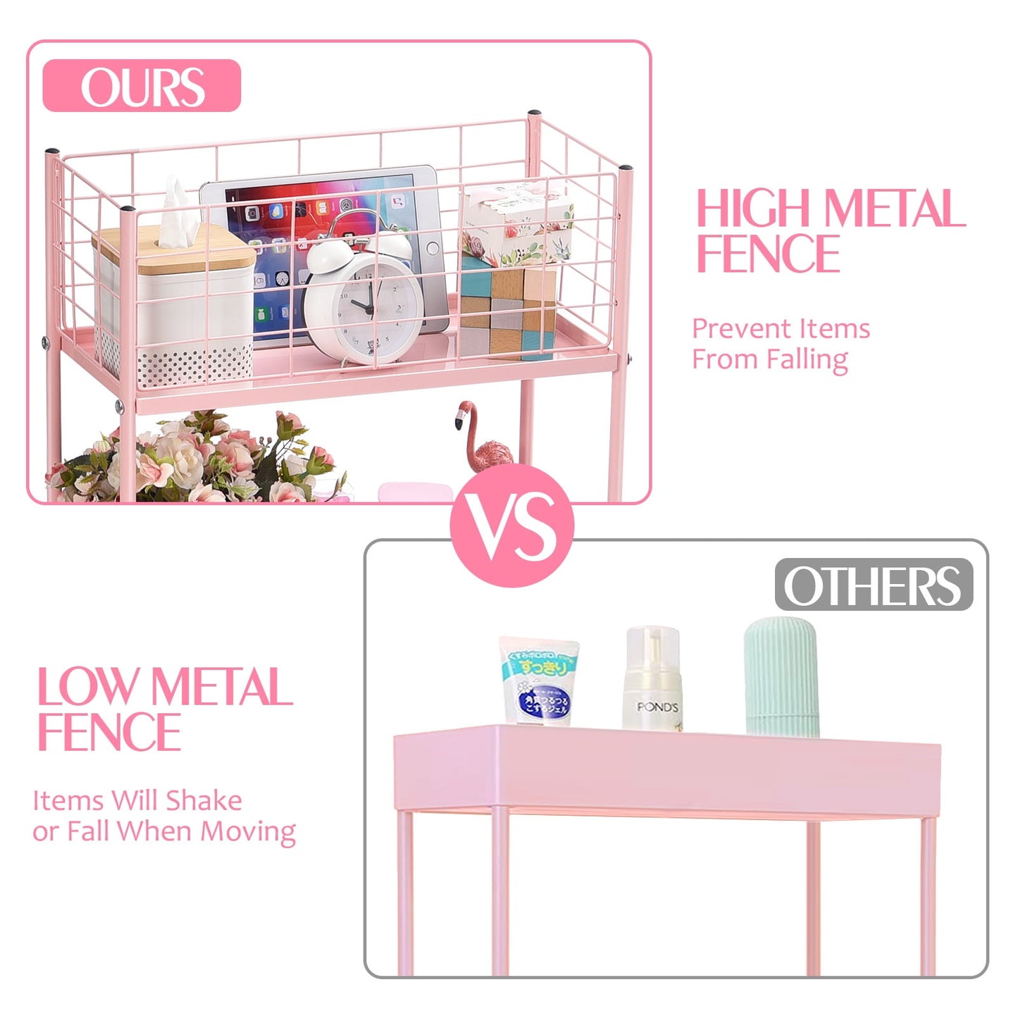 TOOLF Rolling Cart, 3-Tier Metal Cart, Slim Storage Cart for Home & Office, Pink (RY810076-P)