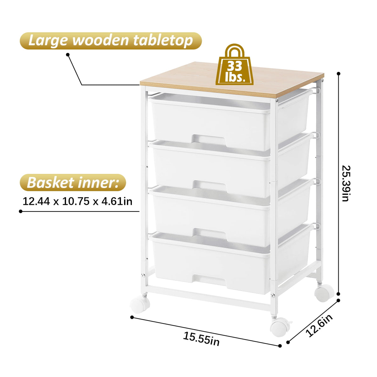 Rolling Storage Cart with 4 Drawers, KK KINGRACK Drawer Cart with Wooden Tabletop for Craft Office School Storage, White
