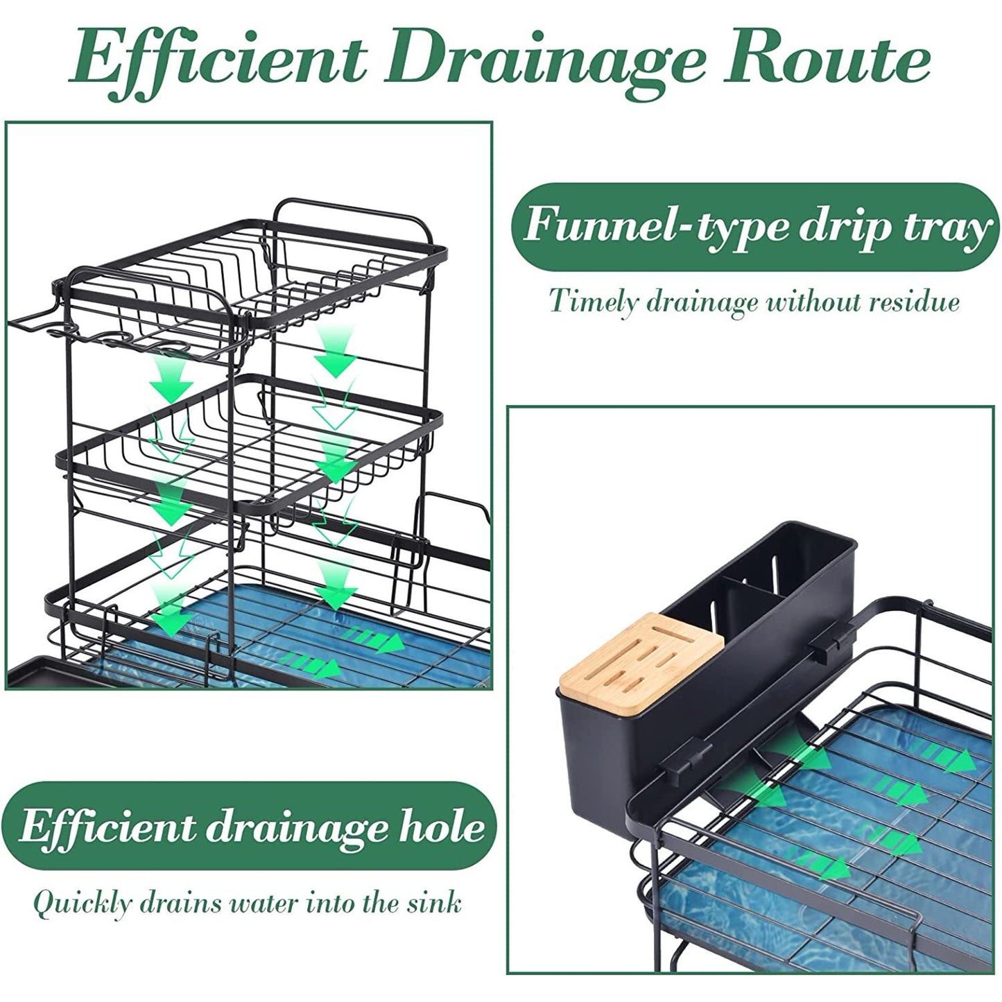 TOOLF Dish Drying Rack, 3-Tier Foldable Drying Rack for Kitchen with Tray and Utensil Holder, 16.89"L x12.64"W x6.81"H, Black(WK810680)