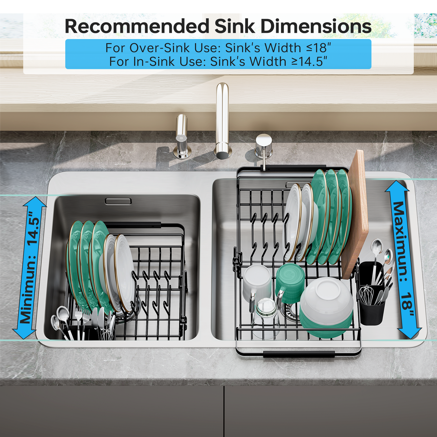 KK KINGRACK Dish Drying Rack , Expandable Metal Dish Rack, Rustproof Dish Drainer for Kitchen Counter, Black
