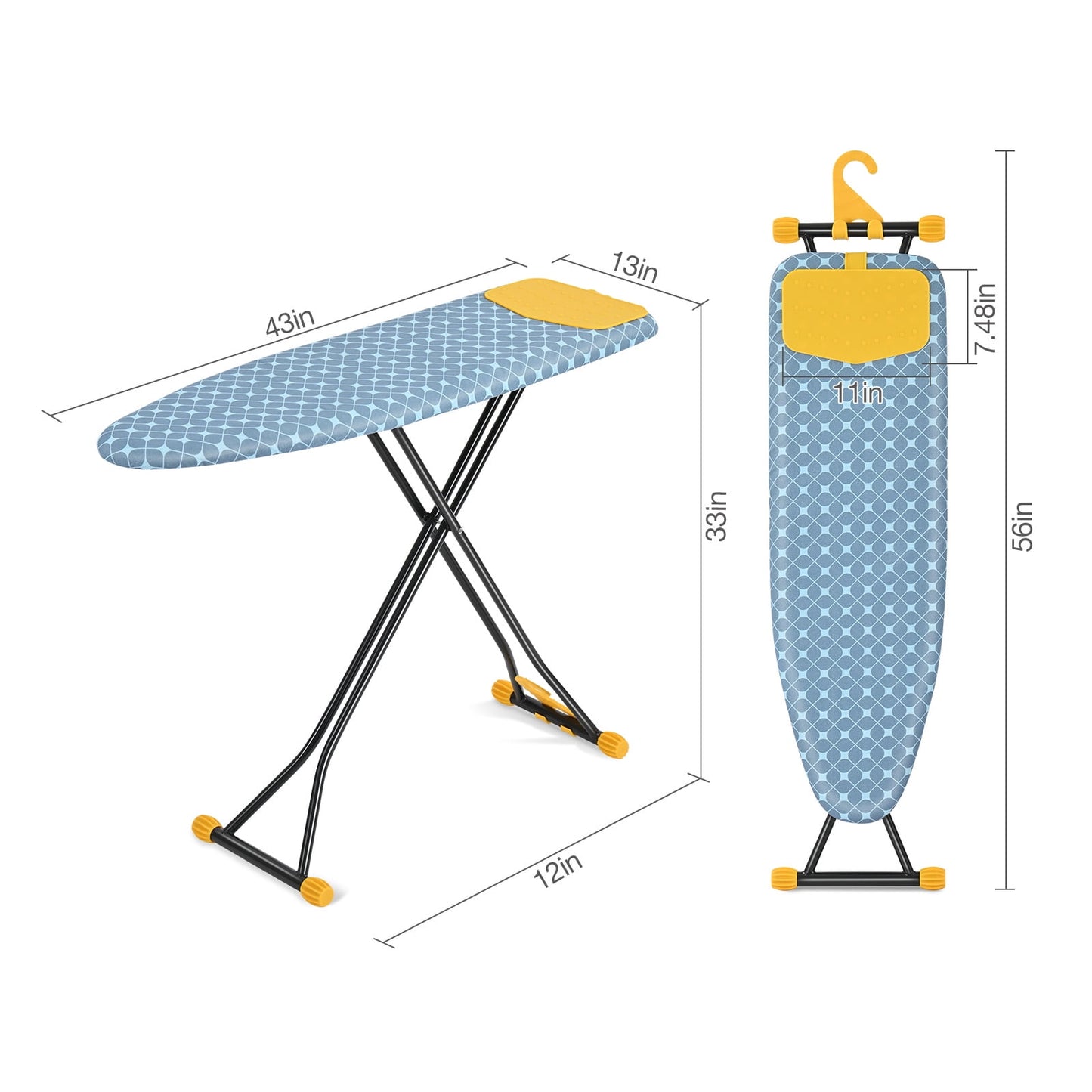 KK KINGRACK Ironing Board, Iron Board Full Size with Hanger & Rotating Nonslip Feet, 7 Level Height Adjustable, 43x13 in, Yellow (P1343HT-19-28Y)